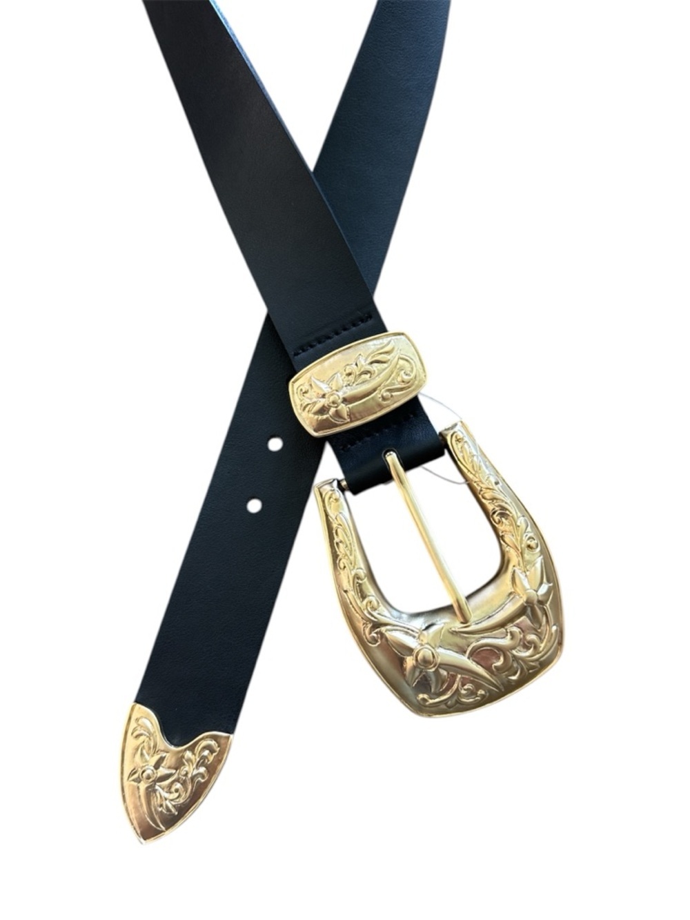 Anthropologie Streets Ahead Big Buckle Western Belt Gold Plated Leather Size XS - Picture 4 of 12